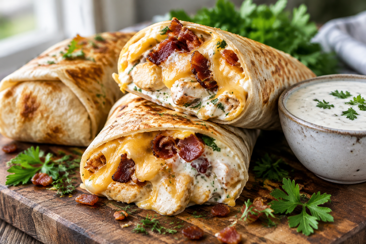 Cheesy bacon ranch wraps with melted cheese and crispy bacon, garnished with parsley