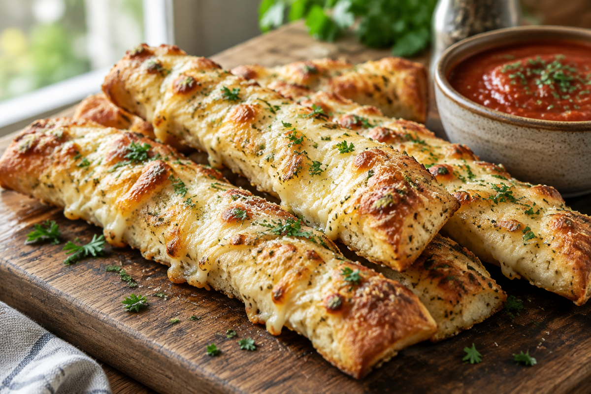 Golden cheesy garlic breadsticks with melted cheese and parsley garnish on a rustic board