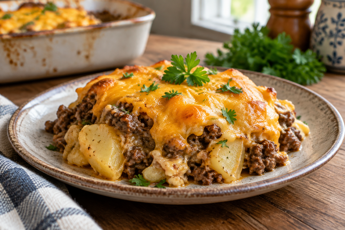 Cheesy hobo casserole with ground beef and potatoes, garnished with parsley, ready to serve