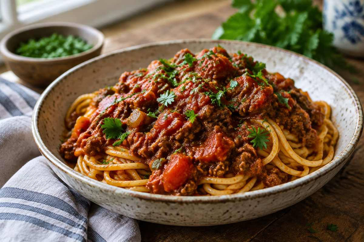 Plate of Chicago-style spaghetti with rich meat sauce and fresh parsley garnish