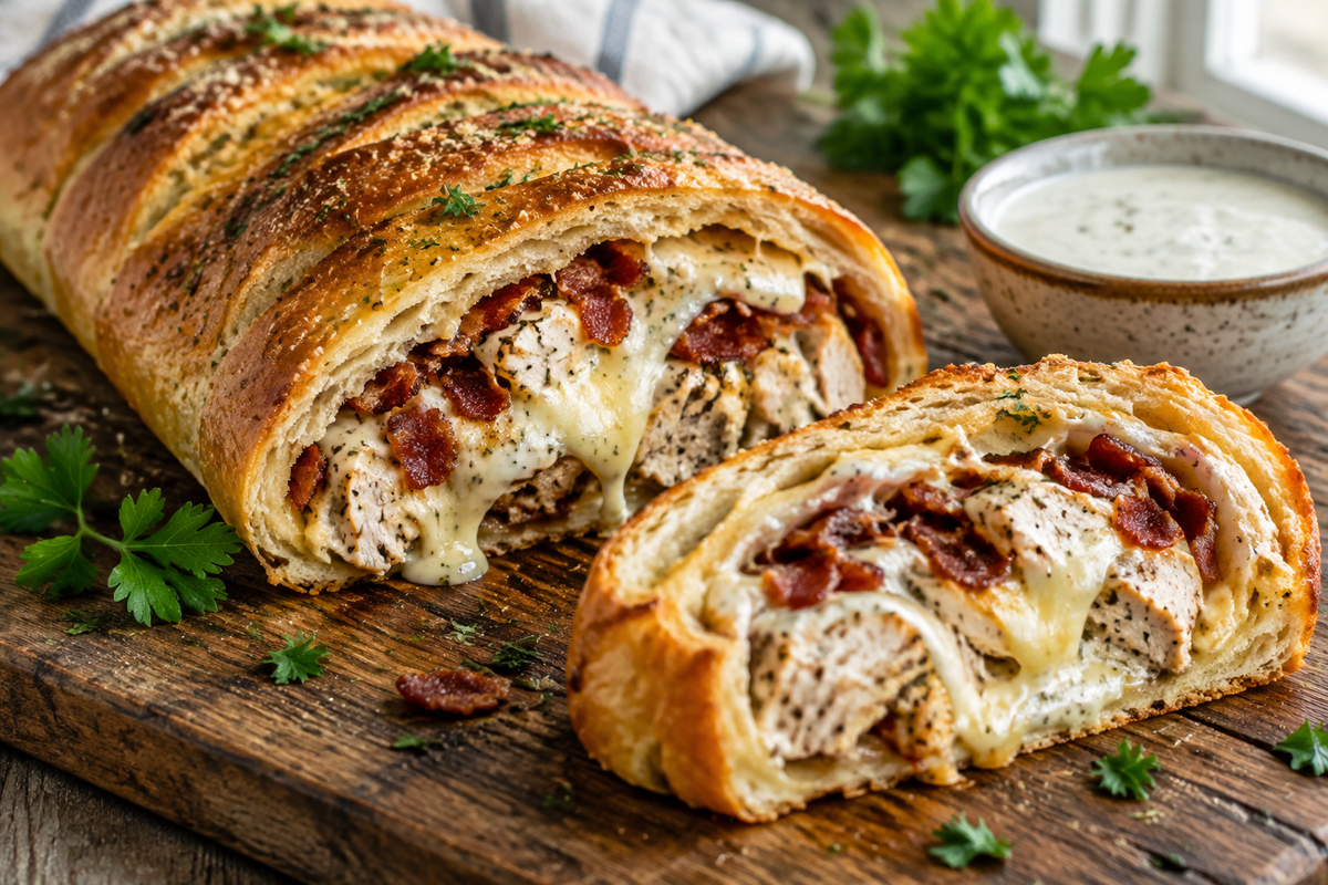 Sliced chicken bacon ranch stromboli with melted cheese and crispy bacon on a wooden board
