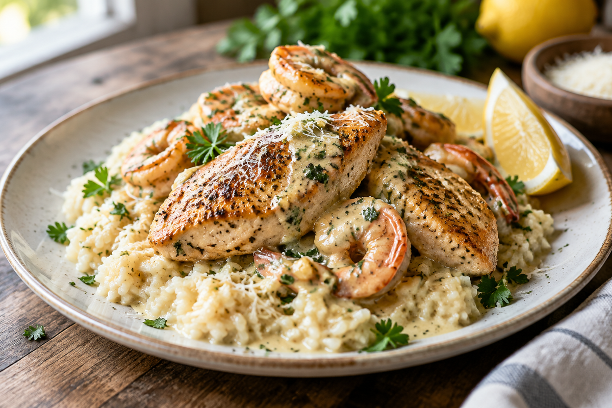 Chicken scampi rice with creamy garlic parmesan sauce garnished with parsley and lemon wedges