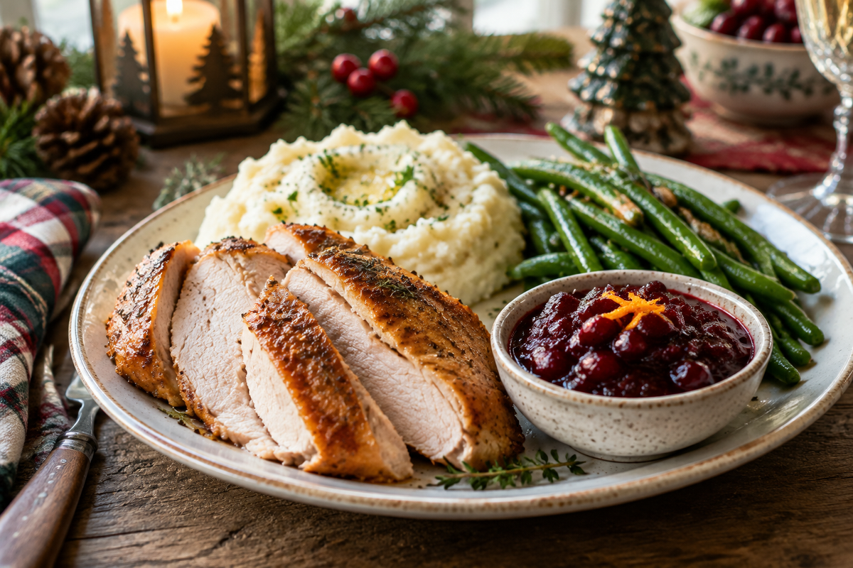 Easy Christmas dinner plate with roasted turkey, mashed potatoes, green beans, and cranberry sauce