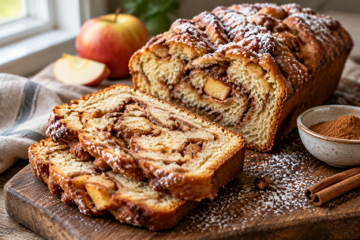Freshly baked cinnamon swirl apple fritter bread with golden crust and apple chunks