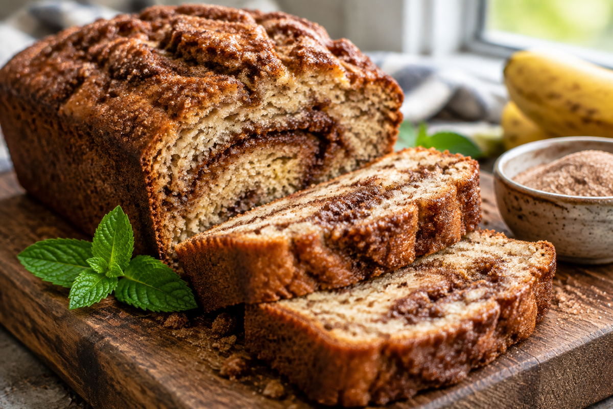 Moist cinnamon swirl banana bread sliced showing the cinnamon swirl banana bread texture inside