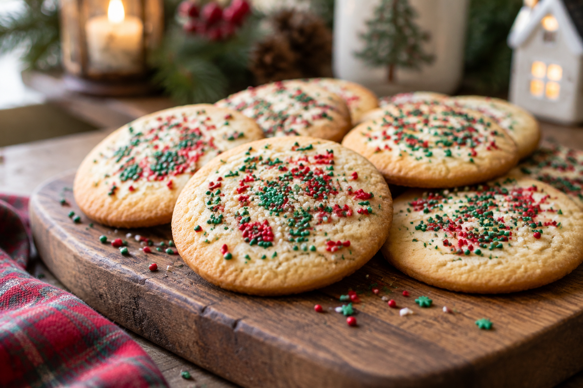Easy circle Christmas cookies decorated with red and green sprinkles on a wooden board
