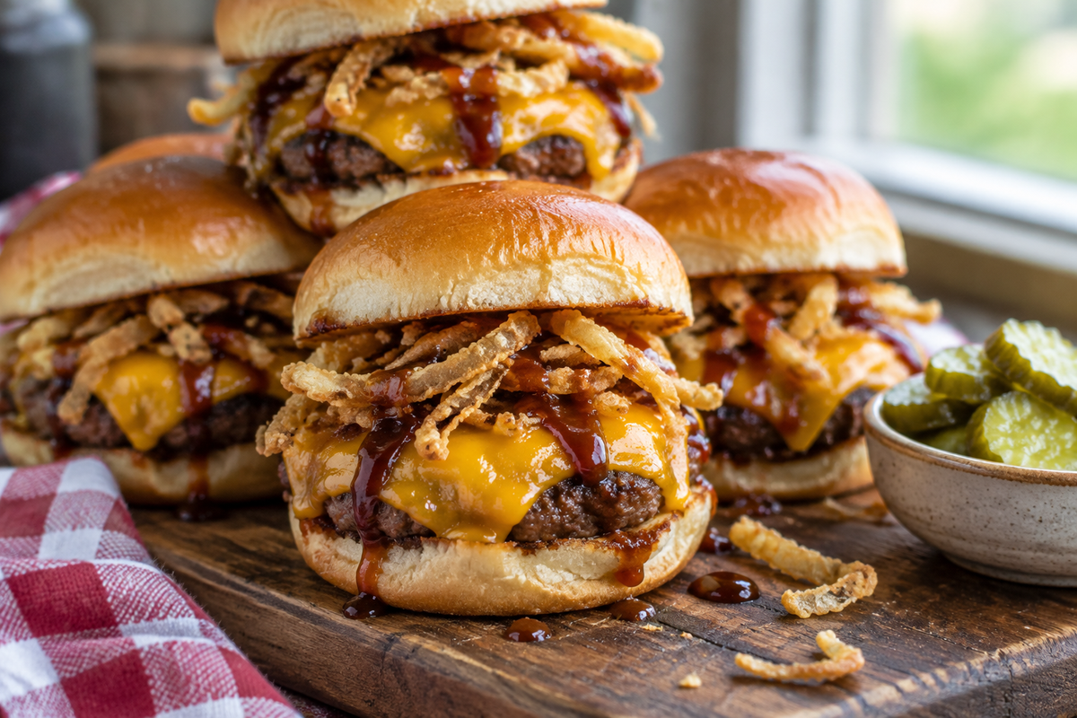 Close-up of cowboy sliders topped with cheddar cheese and crispy onions on rustic board