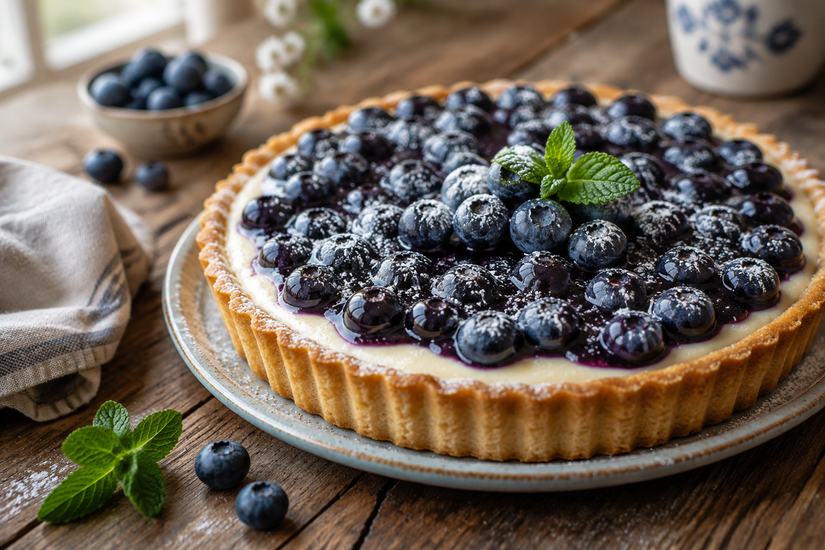 Close-up of creamy blueberry tart recipe with fresh blueberries and powdered sugar garnish