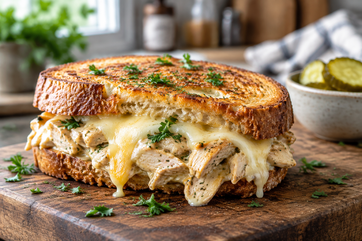 creamy chicken melt sandwich with crispy bread and melted cheese on rustic board