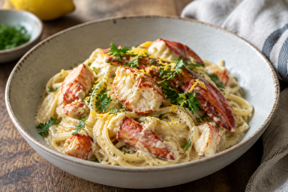 Creamy lobster pasta served in a bowl garnished with parsley and lemon zest, featuring lobster pasta