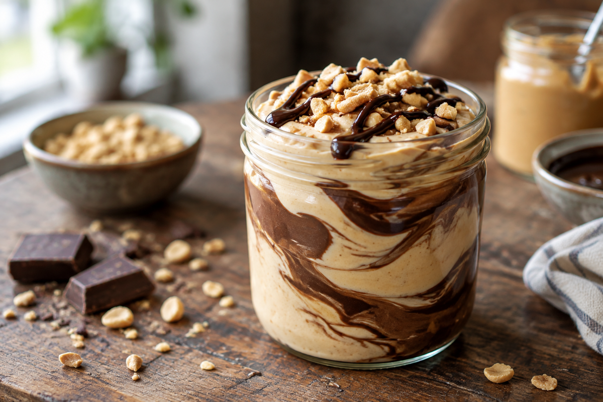 Creamy peanut butter chocolate pudding swirl yogurt jars with crushed peanuts garnish