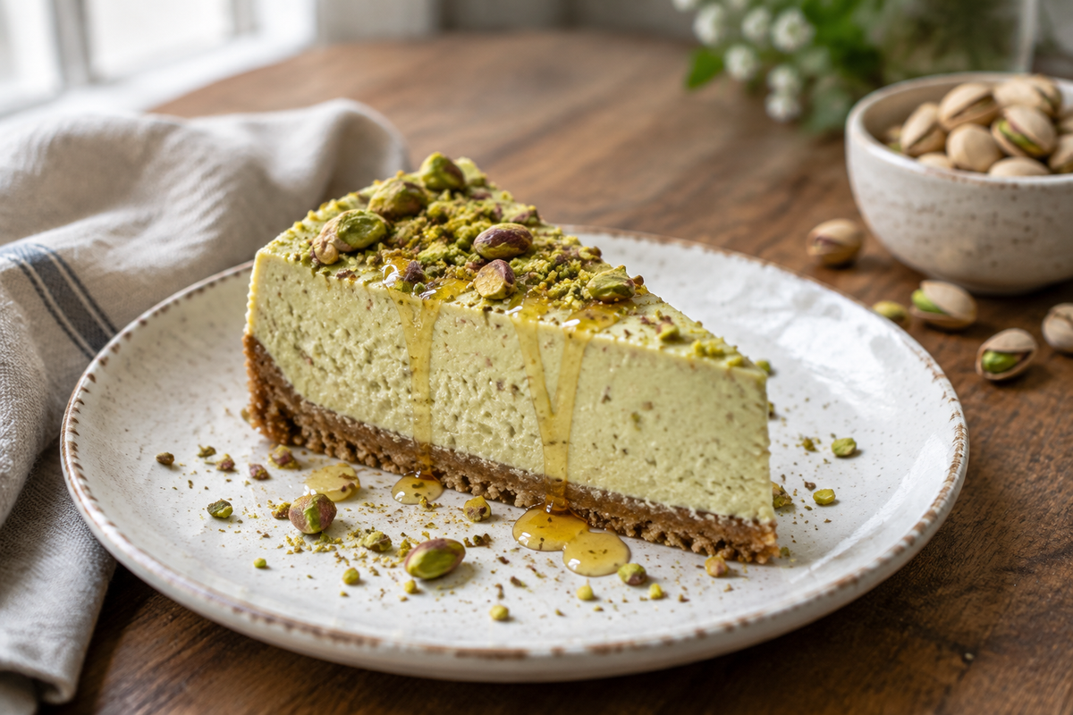 A slice of creamy pistachio cheesecake garnished with crushed pistachios, showcasing pistachio cheesecake dessert