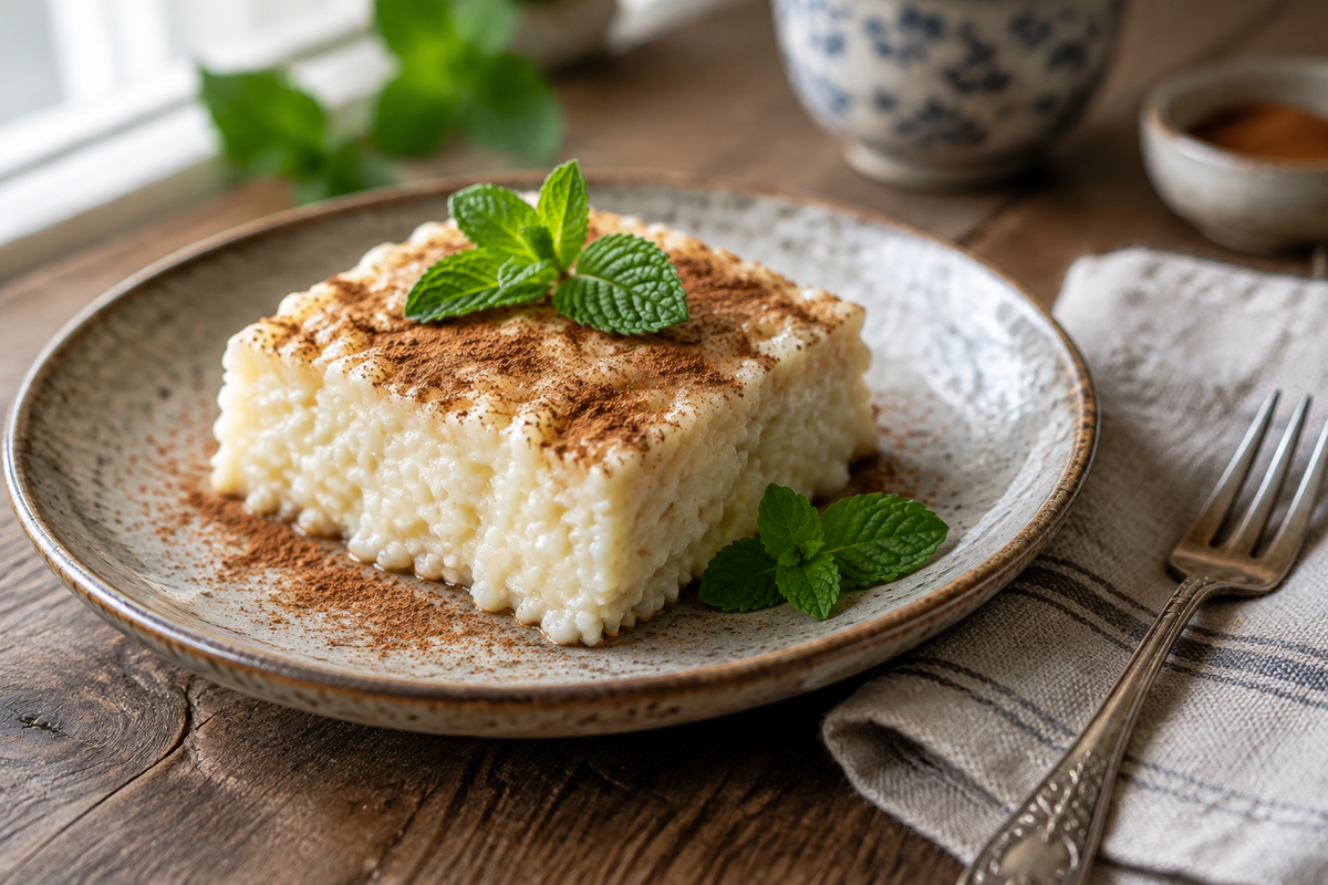 Creamy rice cake topped with cinnamon and fresh mint leaves on rustic plate