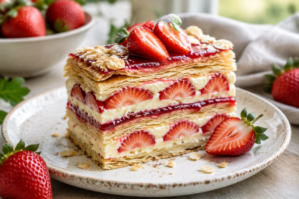 Layered creamy strawberry napoleon cake with jelly and fresh strawberry garnish