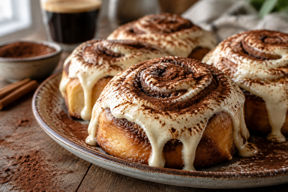 Fresh tiramisu cinnamon rolls with creamy mascarpone frosting and cinnamon swirl