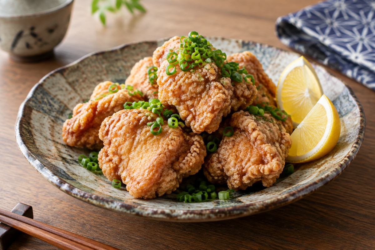 Crispy Japanese fried chicken karaage served with lemon wedges and green onions on a ceramic plate