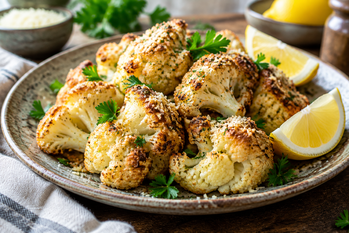 Golden crispy parmesan cauliflower florets garnished with parsley and lemon wedges, showcasing crispy parmesan cauliflower