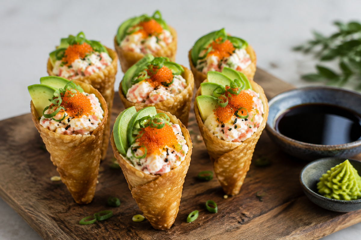 Easy crispy sushi wonton cones filled with creamy avocado and topped with tobiko and green onions