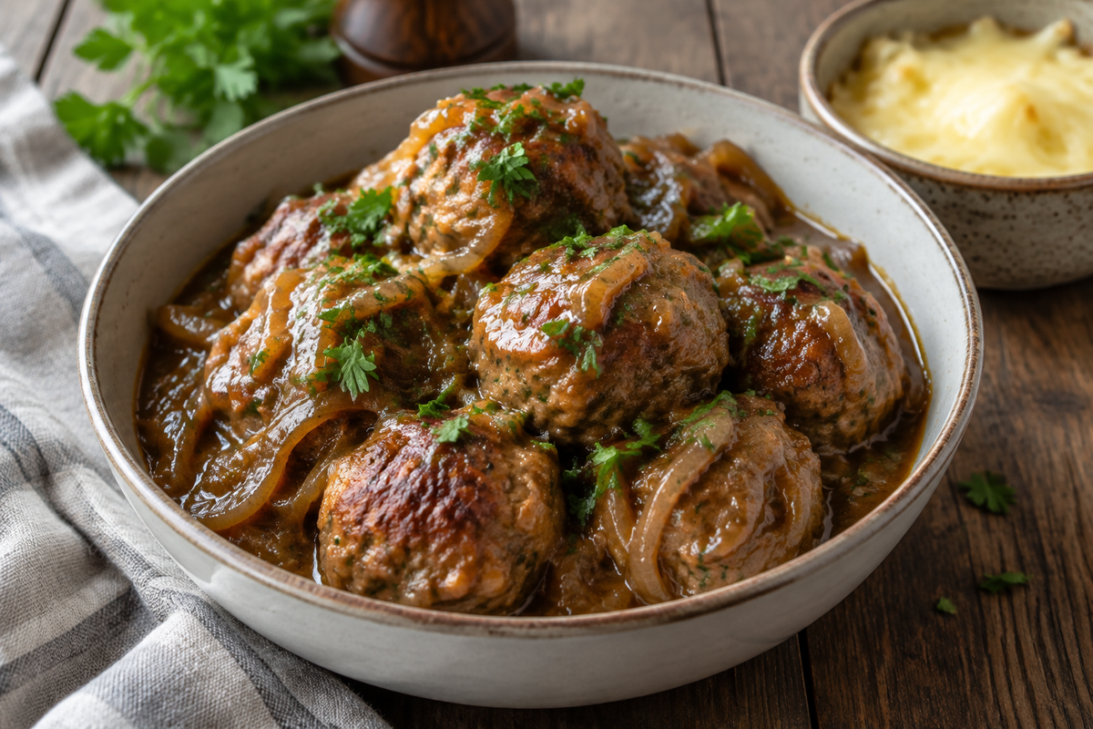 Easy crock pot french onion meatballs in caramelized onion gravy garnished with parsley