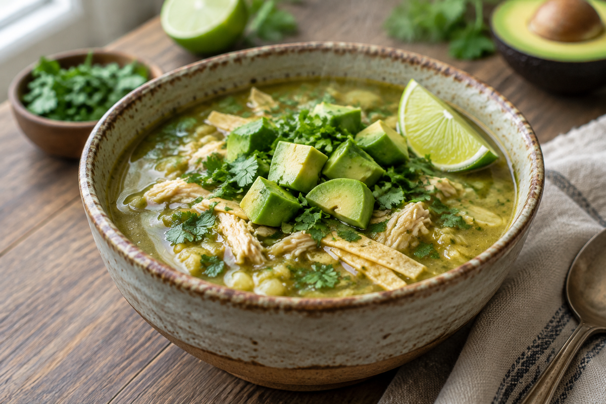 Bowl of green enchilada chicken soup garnished with cilantro and avocado, showcasing green enchilada chicken soup