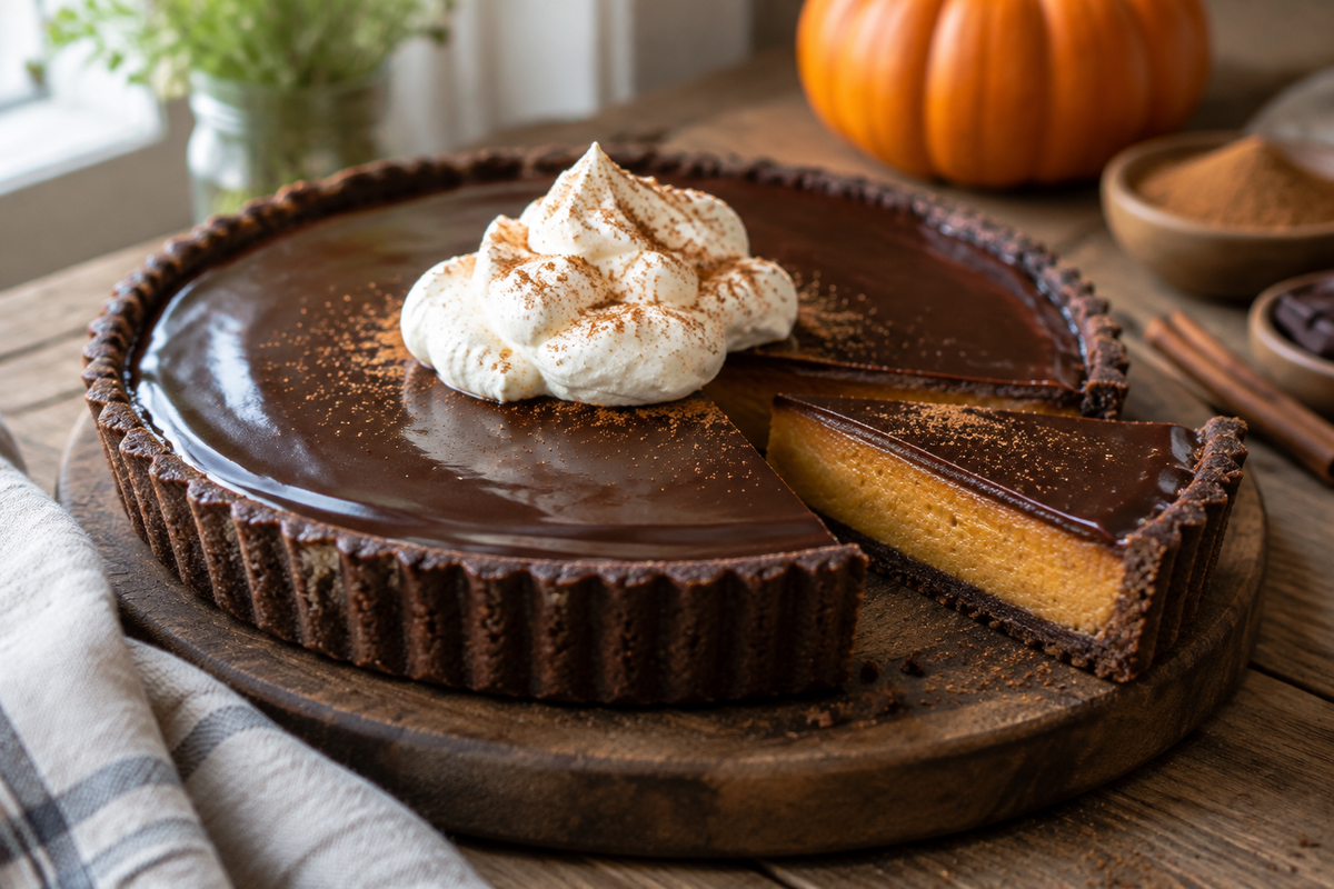 Easy dark chocolate pumpkin tart with whipped cream and cinnamon garnish on rustic table