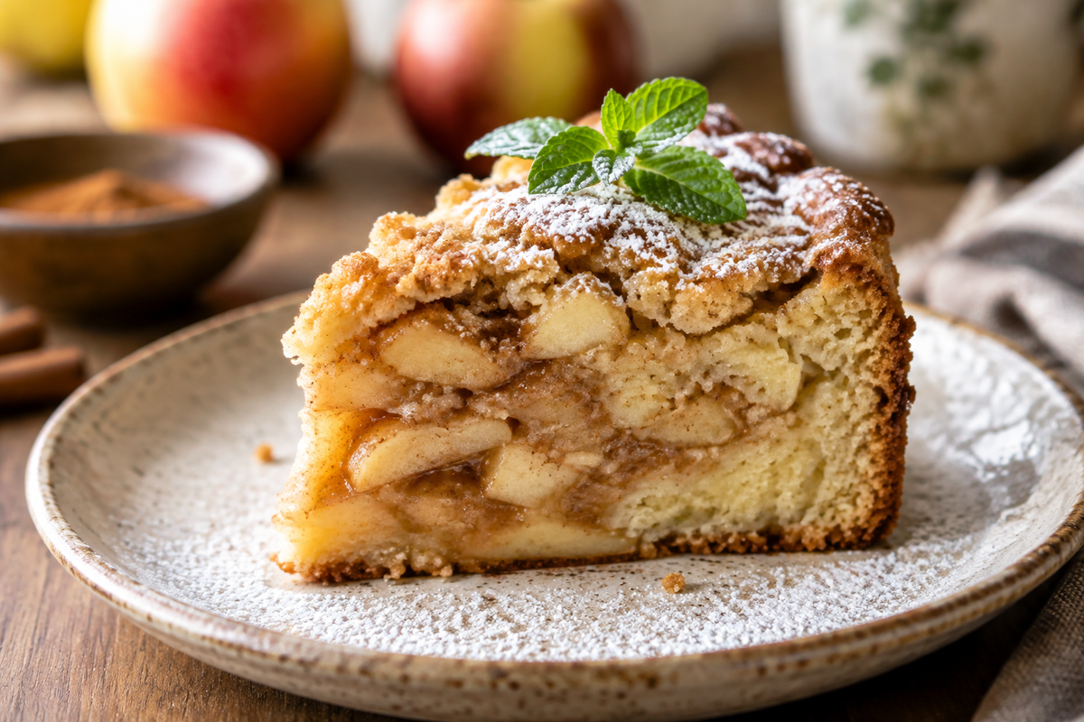 Slice of easy apple pie cake with cinnamon apples and powdered sugar on a rustic plate