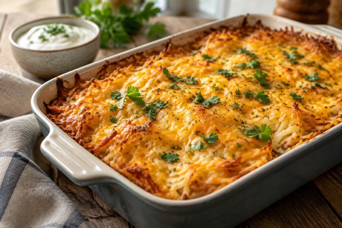 Golden breakfast hashbrown casserole with melted cheese and parsley, a perfect breakfast hashbrown casserole dish