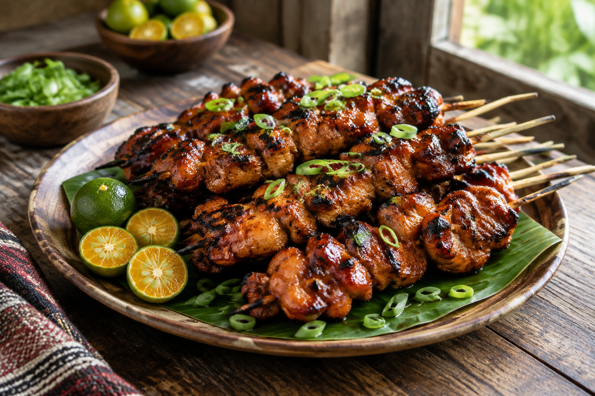 Filipino chicken barbecue skewers grilled to perfection with garnish and vibrant colors