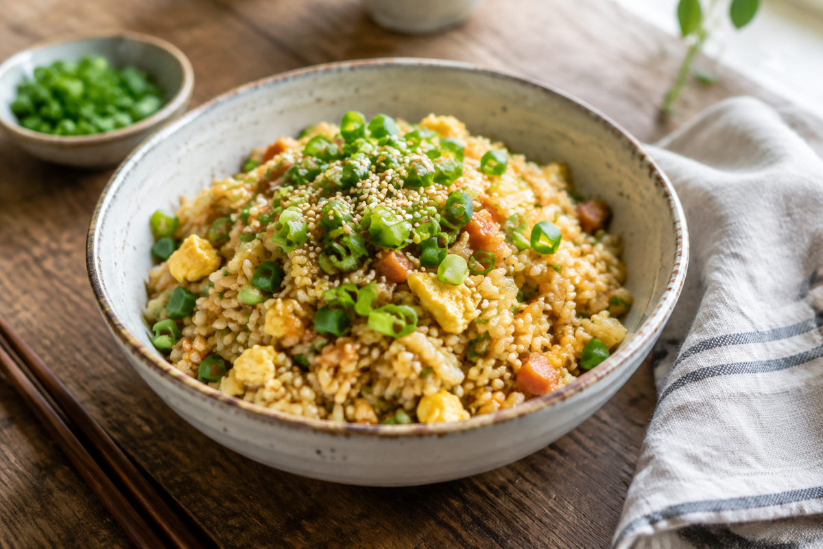 Bowl of breakfast fried rice with green onions and sesame seeds, showcasing breakfast fried rice