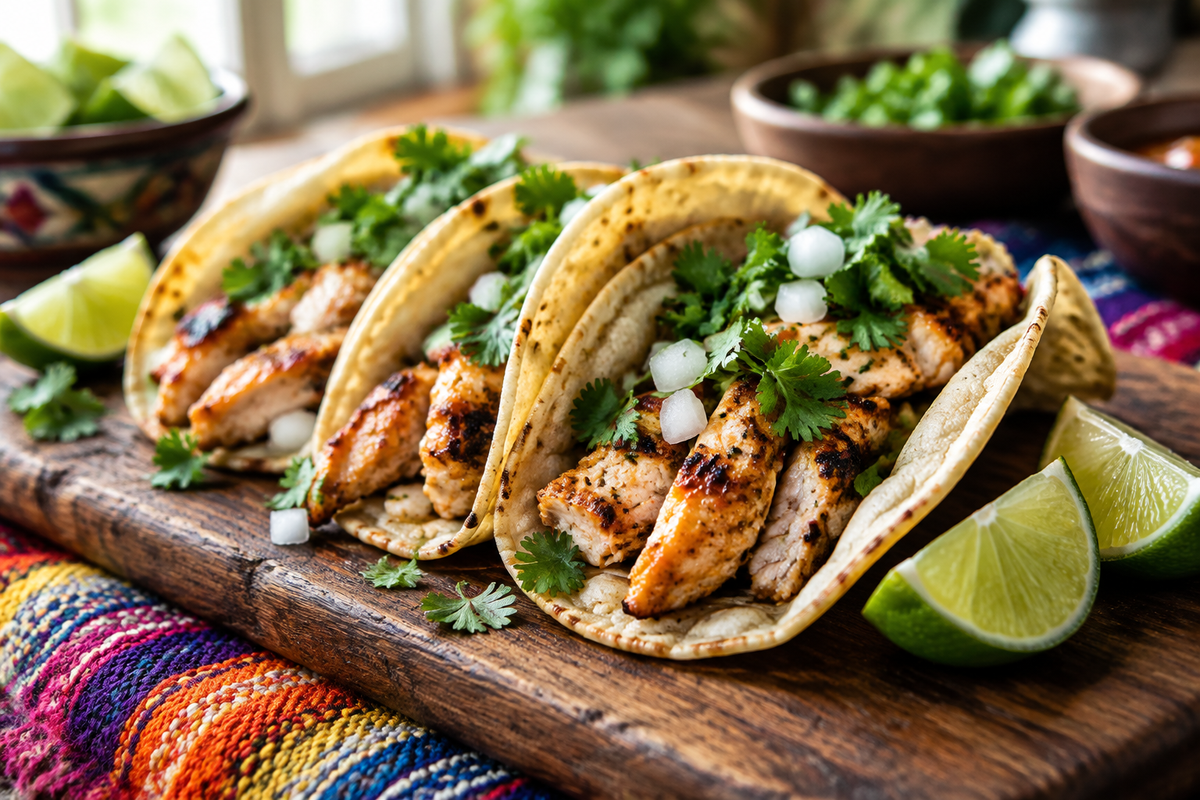Plate of chicken street tacos with grilled chicken, cilantro, onions, and lime wedges