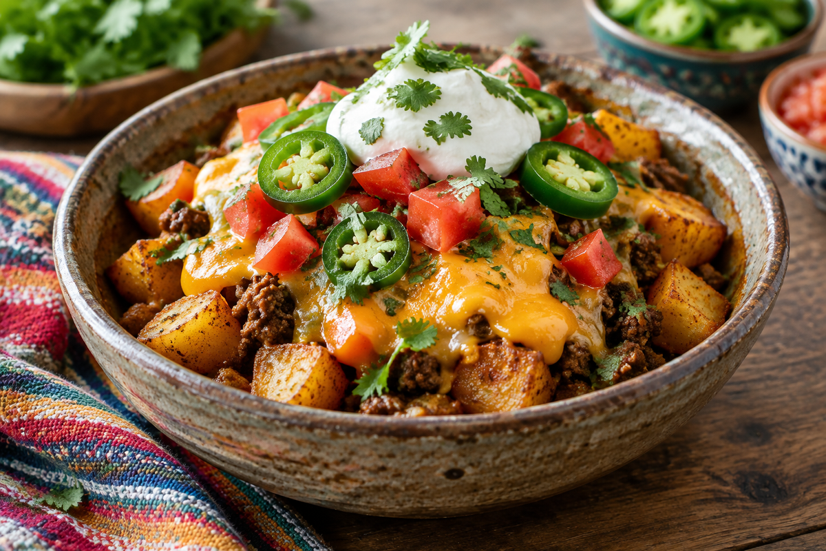 A bowl of taco potatoes topped with melted cheese, jalapeños, tomatoes, and sour cream