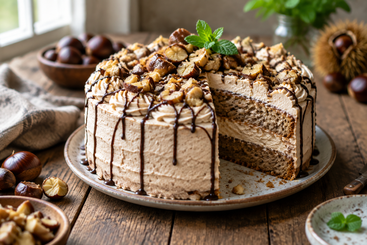 Gluten-free chestnut cream cake with chocolate drizzle and chestnut garnish