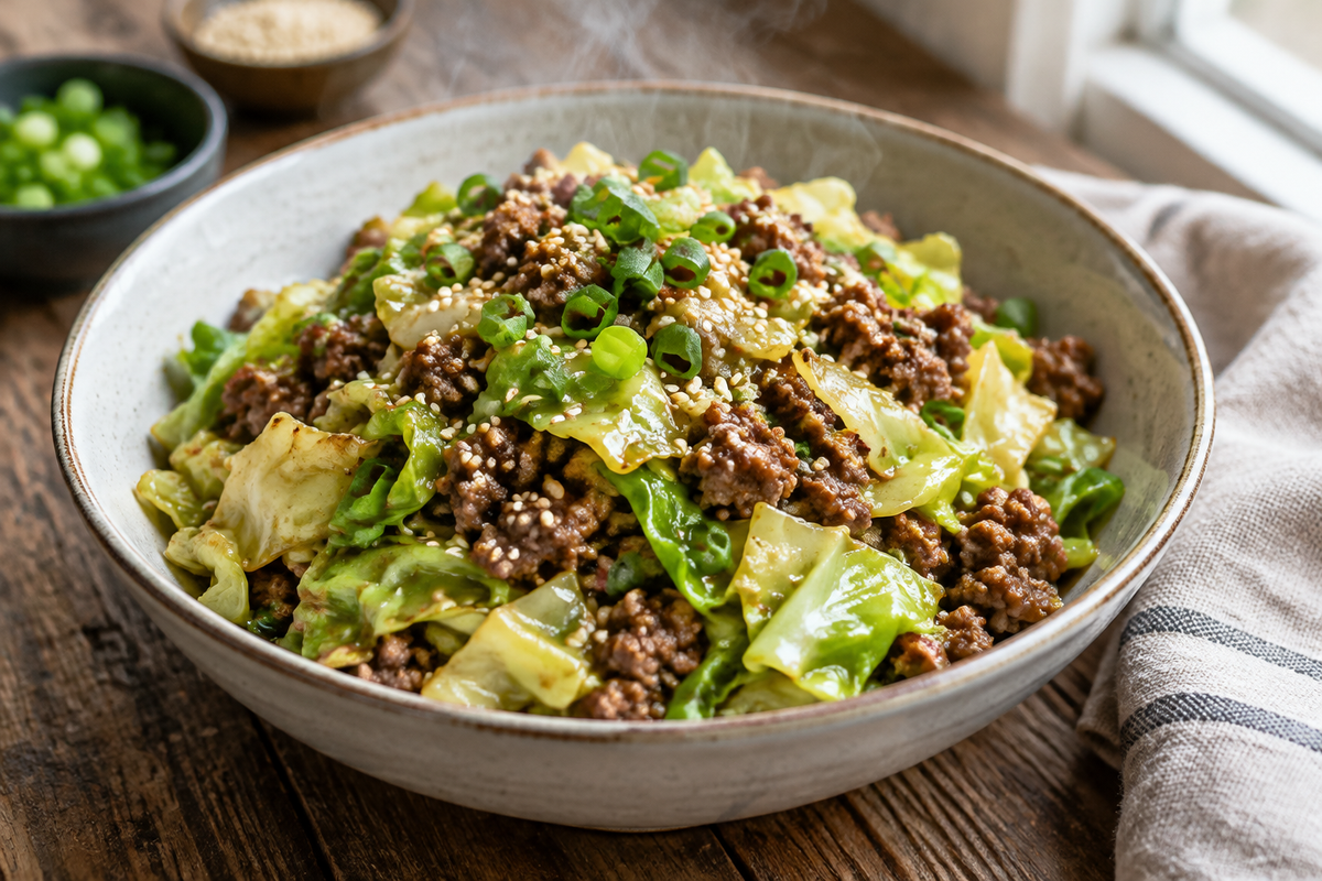 Ground beef cabbage stir fry garnished with green onions and sesame seeds in a rustic bowl
