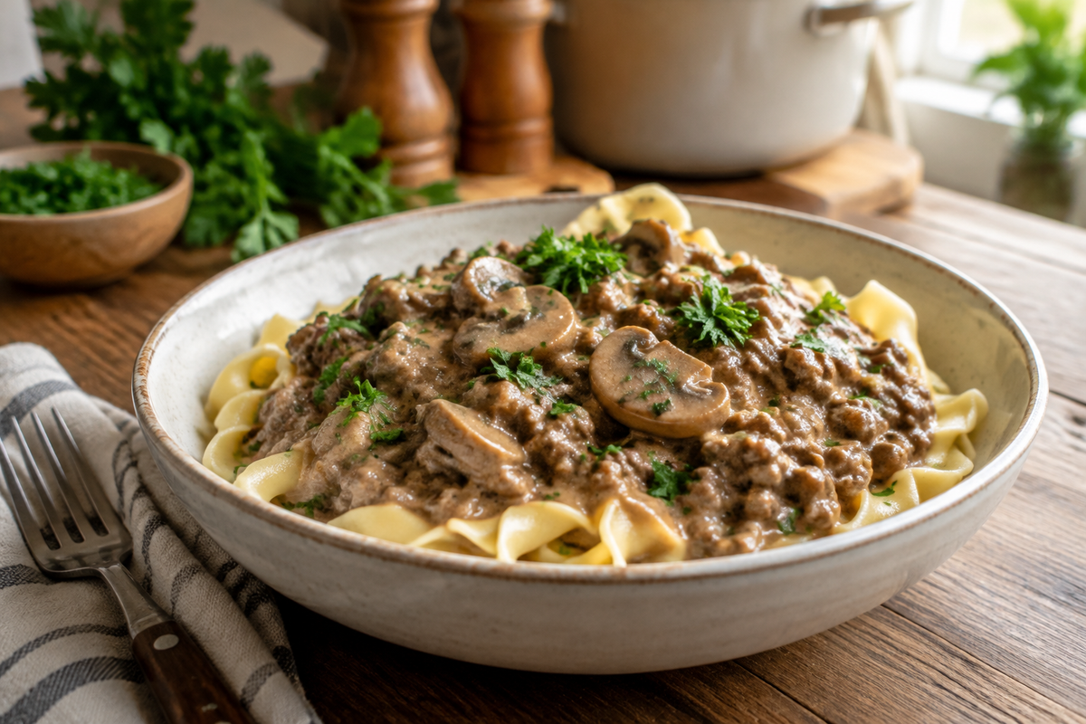 Creamy ground beef stroganoff without cream soup garnished with parsley in a rustic bowl
