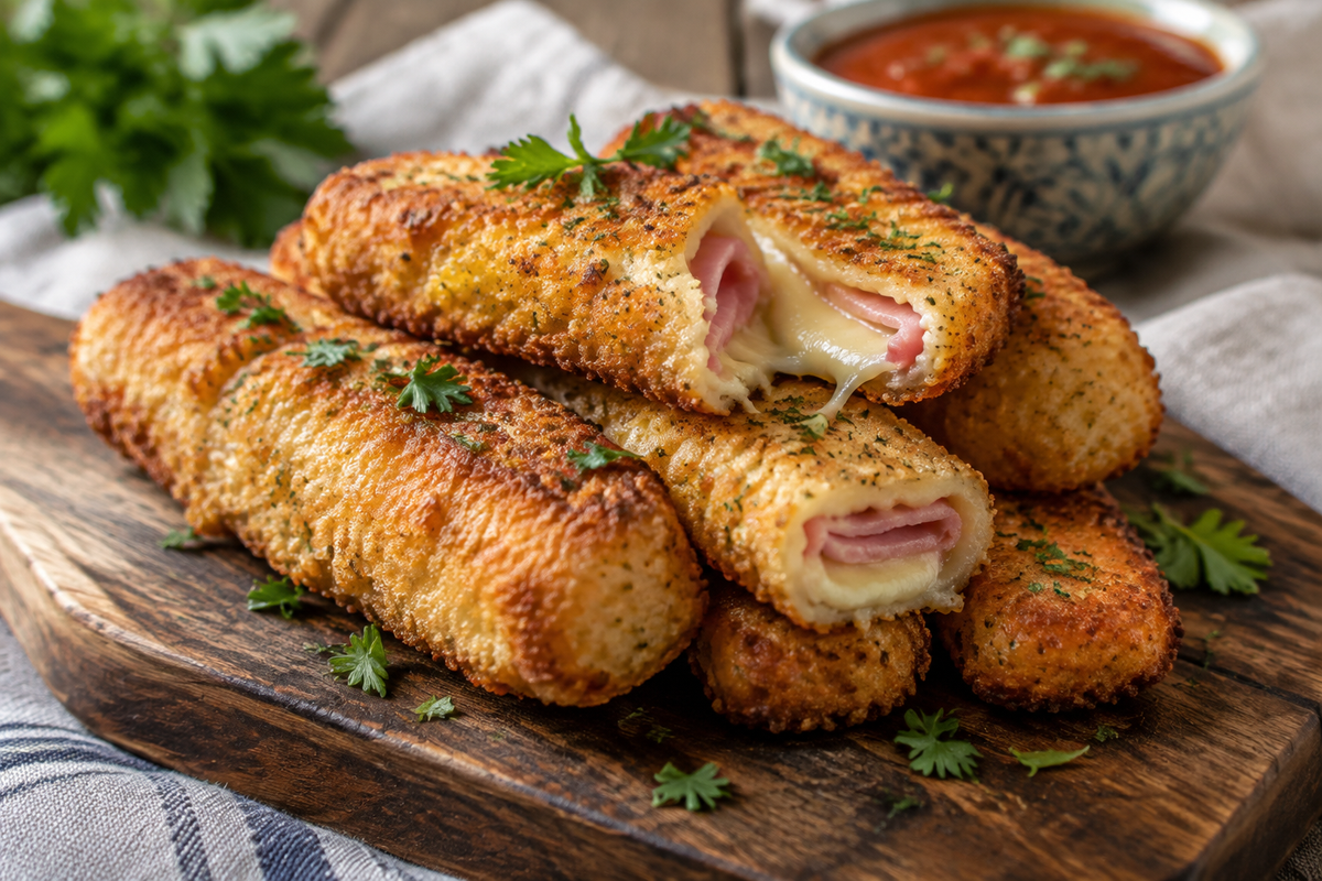 Golden ham and cheese sticks on a wooden board garnished with parsley, showcasing the crispy texture and melted cheese inside