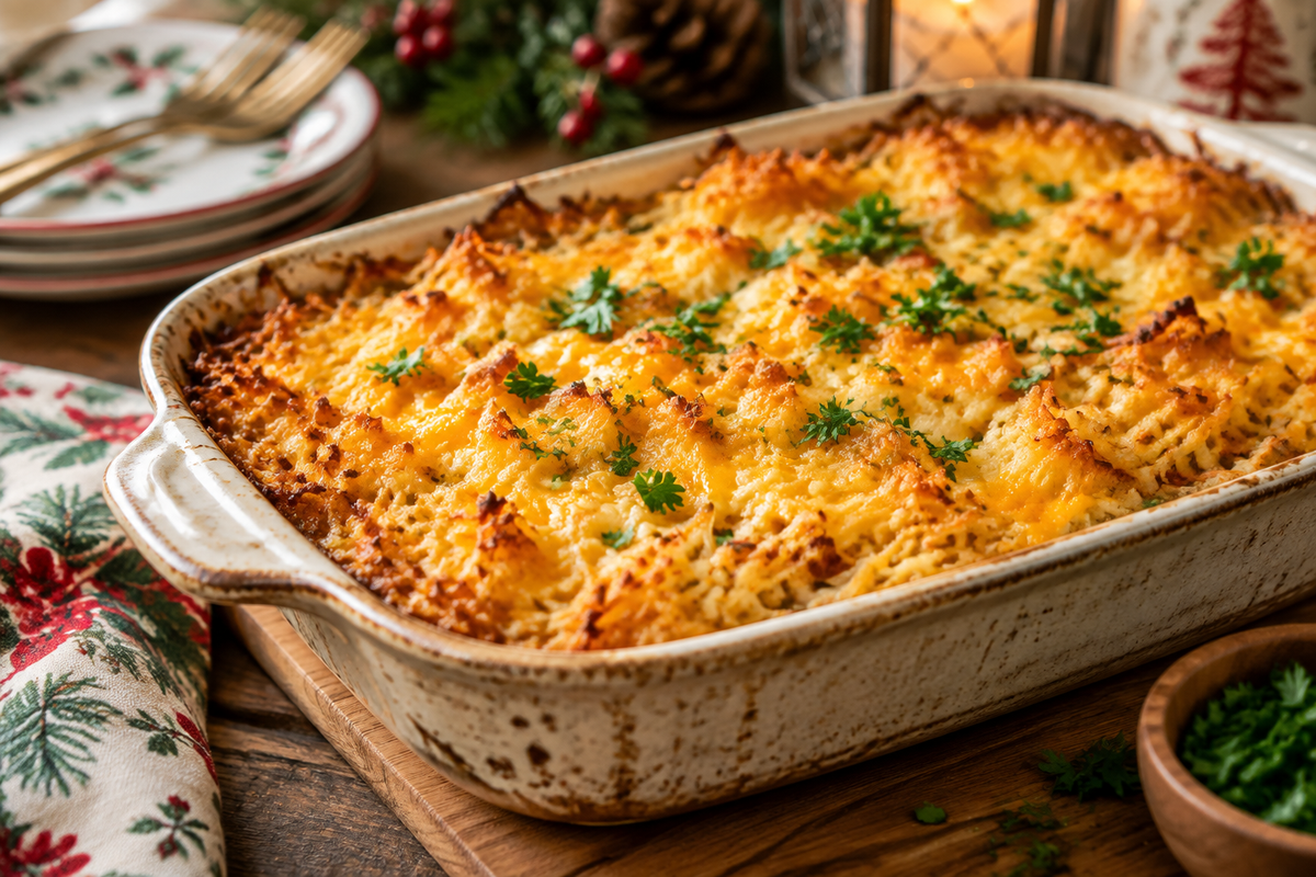 Golden hashbrown casserole garnished with parsley ready for a cozy Christmas brunch