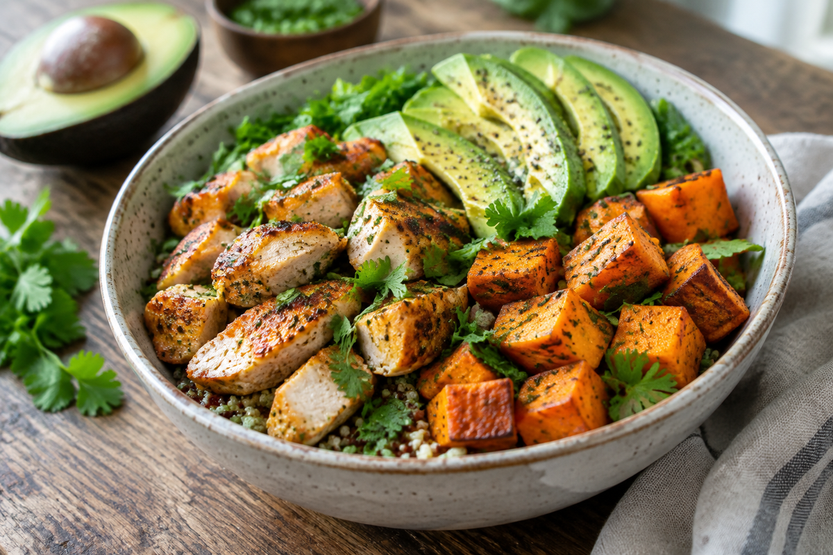 Healthy chicken sweet potato bowls with roasted chicken, sweet potatoes, avocado, and herbs served in a bowl