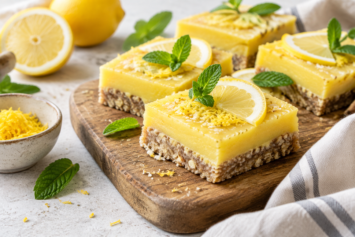 Healthy no bake lemon bars garnished with lemon slices and fresh mint leaves on a rustic wooden board