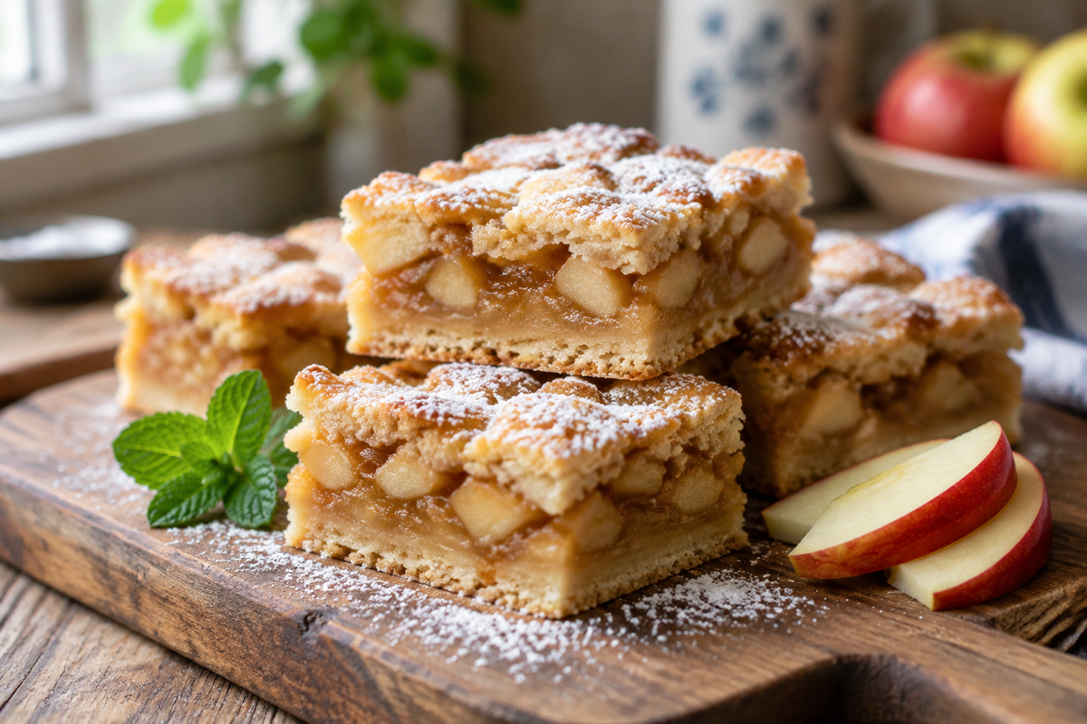 Golden apple pie bars with cinnamon spiced apple filling and flaky crust on wooden board