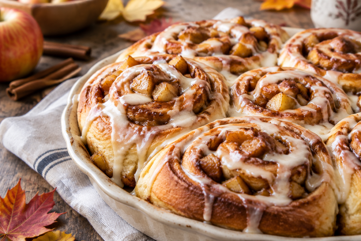 Freshly baked apple pie cinnamon rolls with cinnamon glaze and apple filling on rustic wooden surface