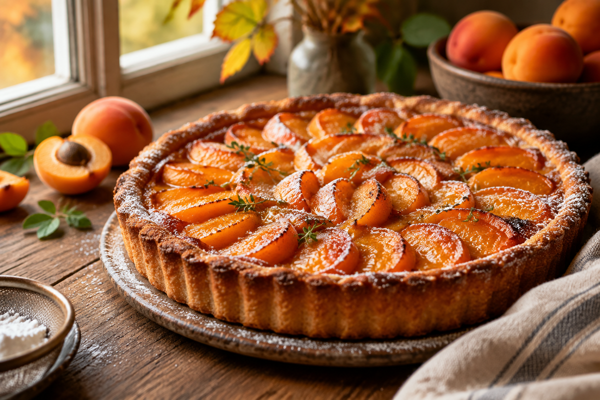 Easy homemade autumn apricot tart with fresh apricot slices and powdered sugar on rustic wooden table
