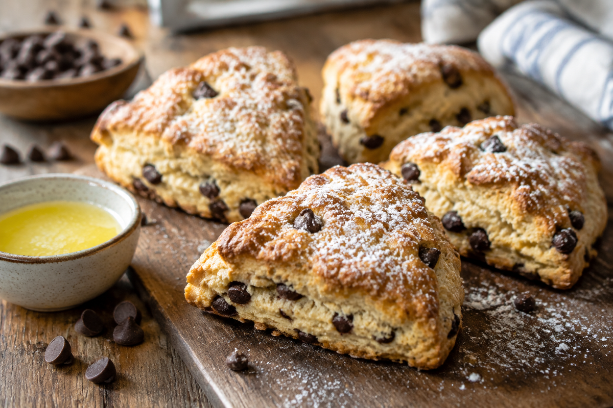 Golden homemade chocolate chip scones with melted butter and chocolate chips, fresh and flaky chocolate chip scones