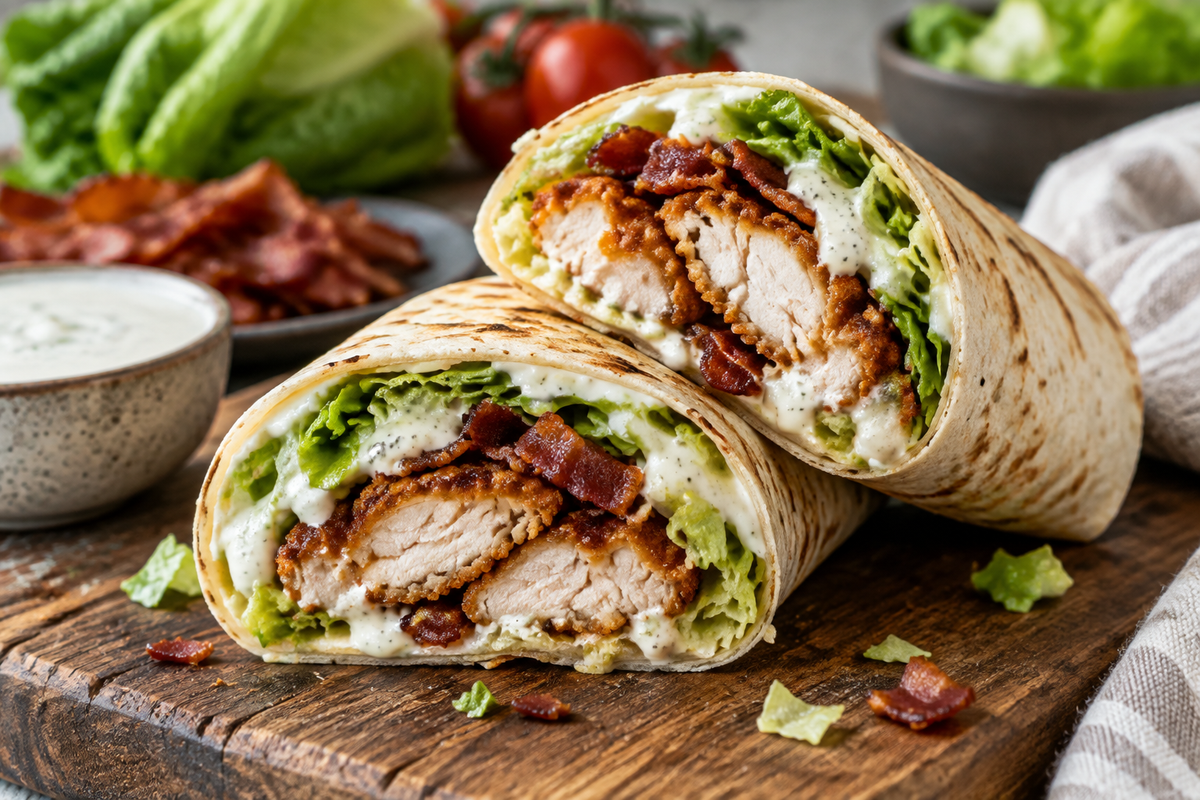 Crispy bacon ranch chicken wraps sliced on wooden board with fresh lettuce and ranch sauce
