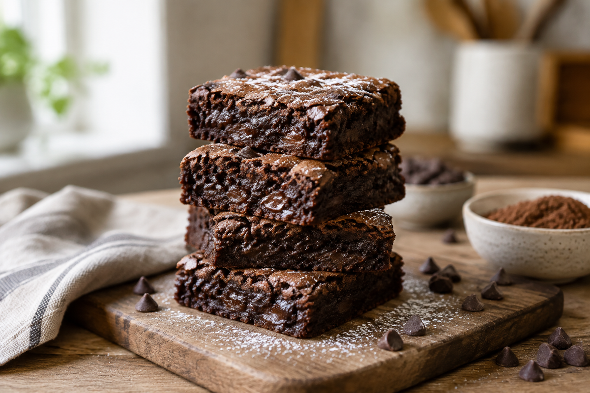 Stack of easy homemade fudgy brownies with rich chocolate texture and powdered sugar garnish