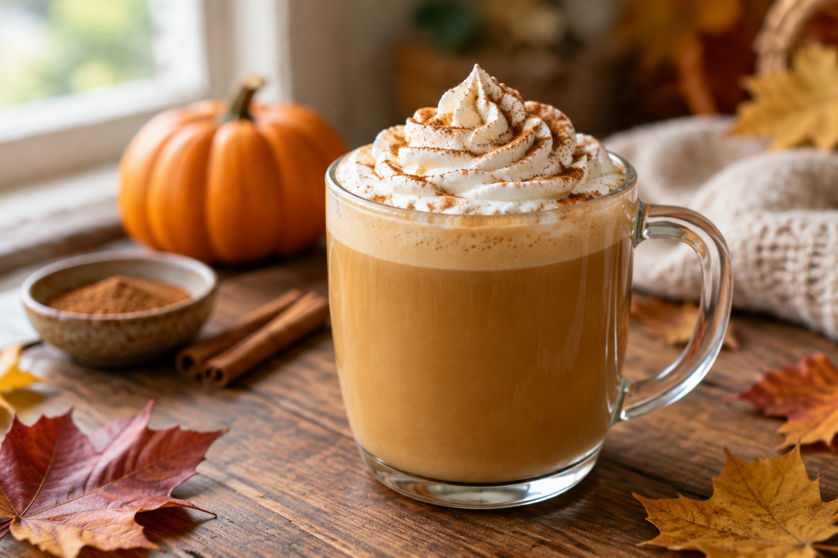 Homemade pumpkin spice latte with creamy oat milk topped with whipped cream and cinnamon