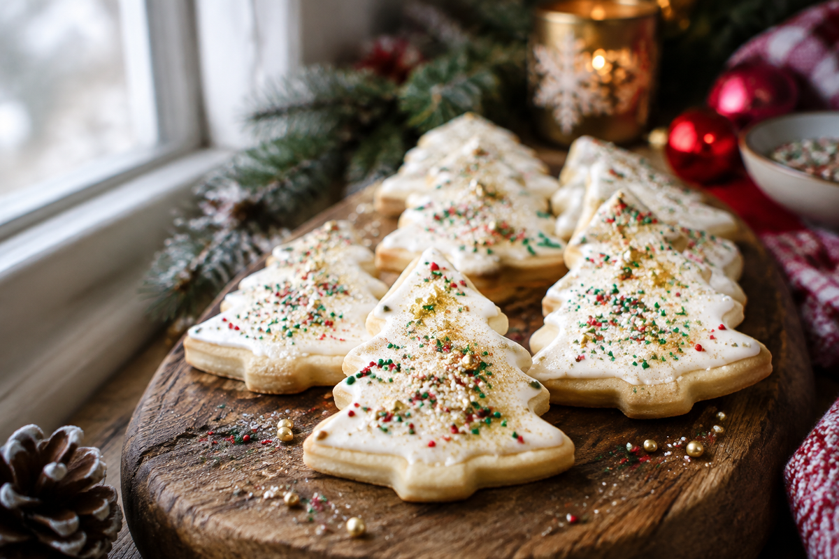 White Christmas tree cookies decorated with sprinkles and edible glitter, perfect festive treats