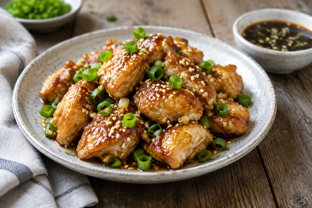 Honey garlic chicken glazed with sauce and garnished with sesame seeds and green onions