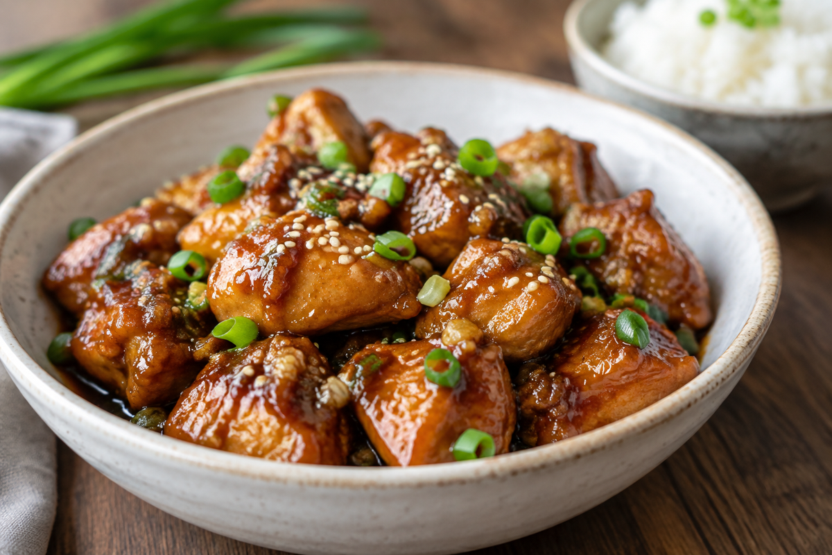 Honey garlic chicken glazed with sauce and garnished with green onions and sesame seeds