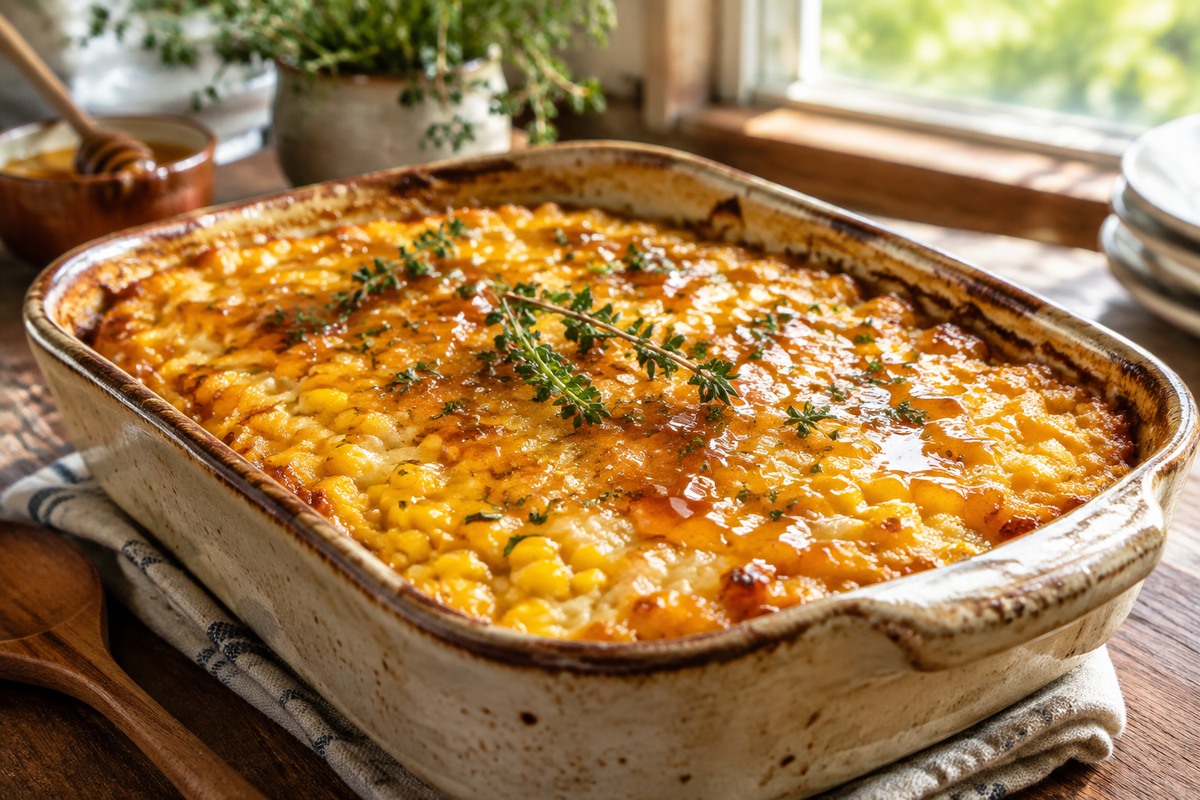 Honey-glazed corn casserole with golden glaze and herb garnish on rustic dish, honey-glazed corn casserole