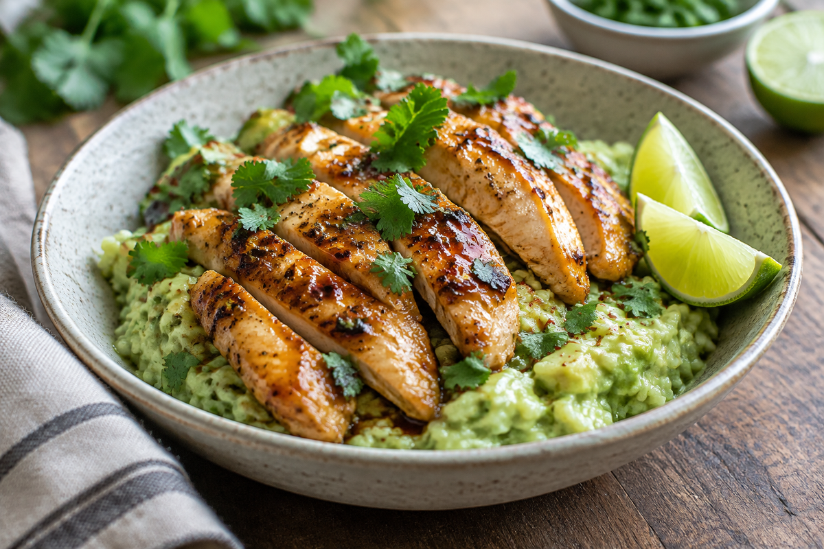 Honey lime chicken served over avocado rice garnished with cilantro and lime wedges